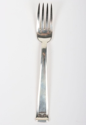 Third Reich Deutsche Reichsbahn Silver Dessert Fork from Adolf Hitler's Glass Observation Wagon, the small dessert fork has the eagle and swastika with 'D' and 'R' to the lower stem. Reverse with German 800 silver marks and the wagon number '282'. General