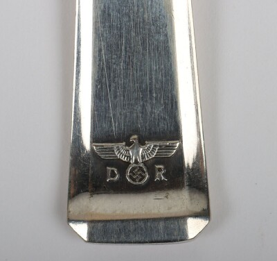 Third Reich Deutsche Reichsbahn Silver Dessert Fork from Adolf Hitler's Glass Observation Wagon, the small dessert fork has the eagle and swastika with 'D' and 'R' to the lower stem. Reverse with German 800 silver marks and the wagon number '282'. General - 2