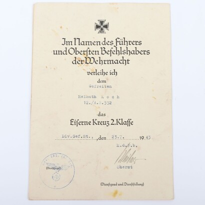 WW2 German Army Soldbuch with EKII and EKI Award Documents to Uffz. H. Koch, 332nd and 363rd Artillery Regiments