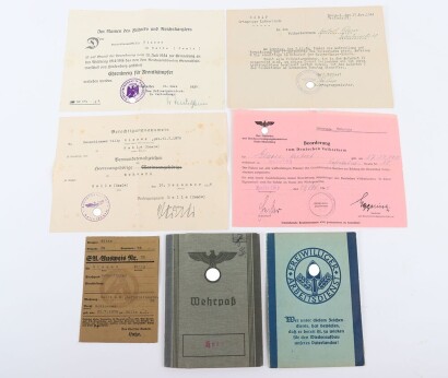 WW2 German Wehrpass, SA service booklet and Volkssturm documents to Volkssturmmann Herbert Gl&auml;ser and son Herbert