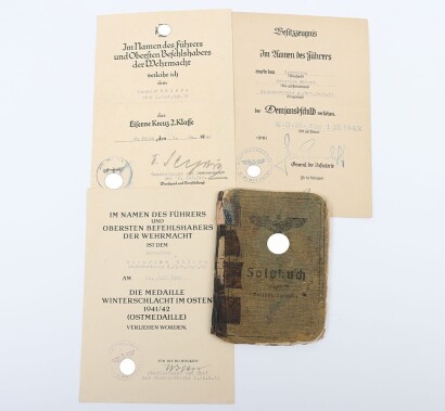 WW2 German Army Solbuch and 3 Award Citations to Uffz. H. Ehlers, 12th Artillery Regiment, 12th Infantry Division, POW April 1945