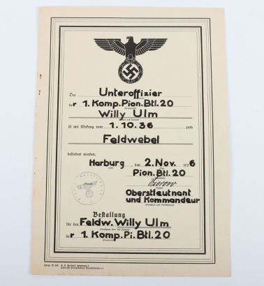 Third Reich 1936 Promotion Document to Feldwebel Wily Ulm, 1./Pion-Btl-20 KIA 17 June 1940 France