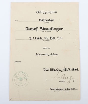 WW2 German General Assault Badge Award Citation to Gefr. J. Staudinger, 3./Gebirgs-Pionier-Bataillon 54