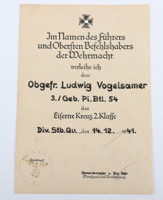 WW2 German Iron Cross 2nd Class Award Citation to Obergefr. L. Vogelsamer, 3./Geb.Pi. Btl. 54, Dated 14 December 1941