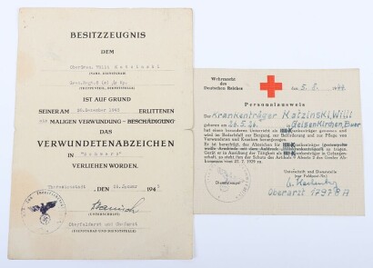 WW2 German Black Wound Badge Award Citation to Obergren. Katzinski, Grenadier-Regiment 8. WIA 20 December 1944