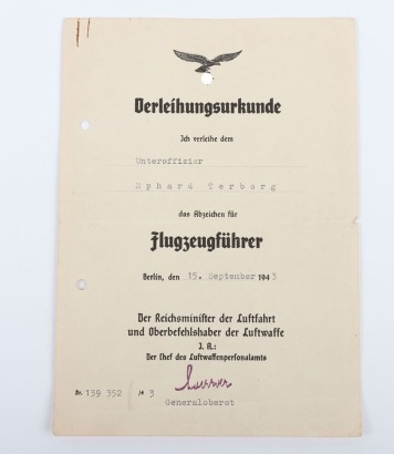 WW2 German Luftwaffe Pilot Badge Award Citation to Uffz. E. Terborg. Shot down in He 111 on 7/8 August 194
