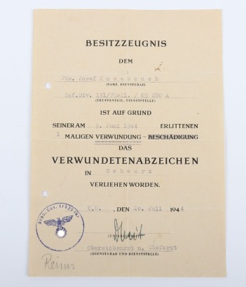 WW2 German Black Wound Badge Award Certificate to Fusilier J. Kusebauch, 91.Luftlande Division. WIA on 8 June 1944 on D-Day +3
