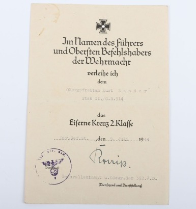 WW2 German Normandy Interest Iron Cross 2nd Class Award Citation to Obergefr. K. Zander, Grenadier-Regiment 914