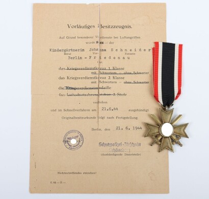 Third Reich Civilian Preliminary War Merit Cross 2nd Class Certificate Accompanied by War Merit Cross 2nd Class