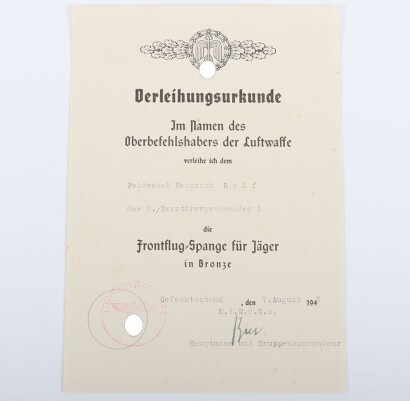 WW2 German Luftwaffe Operational Flying Clasp (Front Clasp) in Bronze for Fighters, Award Document to Feldw. H. Rolf, 2./ZG1 KIA 20 December 1943.