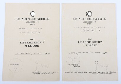 WW2 German Iron Cross 1st and 2nd Class Award Citations to Feldw. A. Gerlach, 1./Panzerpioneer Batallion 220 (21. Panzer-Division), Normandy Interest