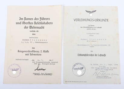 Two WW2 German Luftwaffe Award Citations to Obergefr. H. Steinmann of J.G. 53