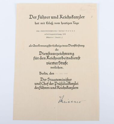 Third Reich RAD 4 Year Long Service Medal Award Certificate