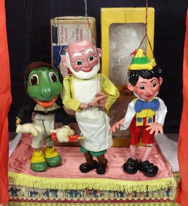 Pelham Puppets SL type Jiminy Cricket, Gepetto and Pinnochio, 1950s-70s,