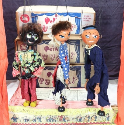 Three boxed early Pelham Puppets with lead hands, circa 1950,