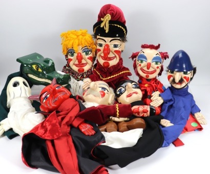 Set of Idigbo carved wooden Punch and Judy professional hand puppets,