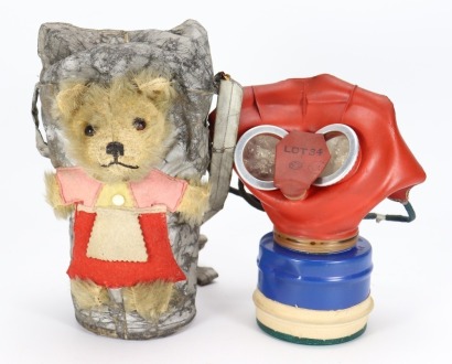 A rare Farnell W.W.II Teddy bear gas mask holder,