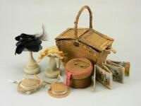 Miniature dolls hat box, basket and bonnets,