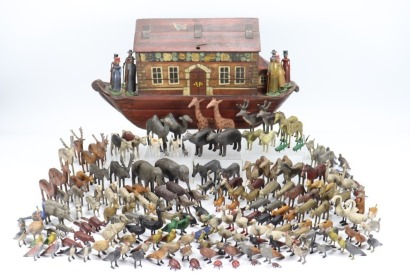 A fine and early painted wooden Noah's Ark with one hundred and ninety animals, Noah and his family and original list of animals, German early 19th century,