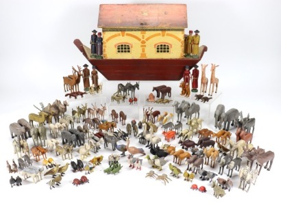 A fine wooden painted Erzgebirge Noah's Ark, Family and Animals, German 1880s,