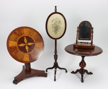 Victorian apprentice piece style miniature circular centre table and toilet mirror and polescreen,