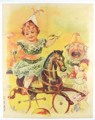 Infant riding Toy Horse with Toys poster for Grand Bazar, printed by Imp. Camis. Paris, circa 1900