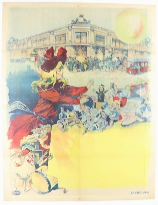 Departent store with young girl with toys in the foreground poster, by Fransico Tamagno, printed by Imp Camis, Paris, 1890s,