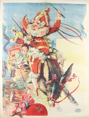 French Punch riding Donkey with toys poster, printed by Quai Jemmapes, Paris 1890s,
