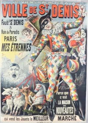 VILLE De St.DENIS, Harlequin parading with toy animals and puppets, printed by F.Appel, Paris, 1884,