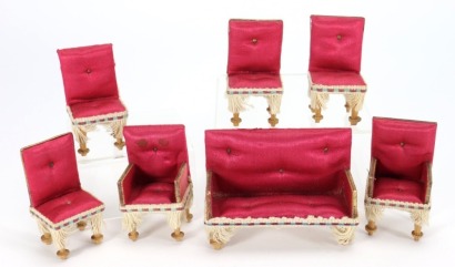 A miniature red silk upholstered settee and chairs, German 1890s,