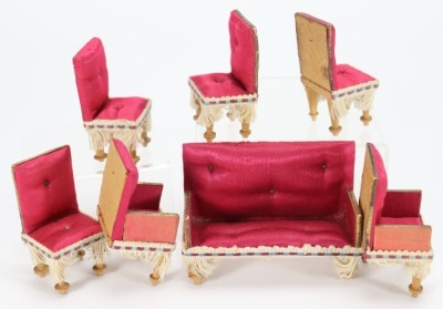 A miniature red silk upholstered settee and chairs, German 1890s, - 2