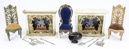 Two tin-plate dolls house fire-places, German circa 1880