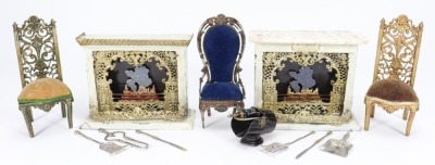 Two tin-plate dolls house fire-places, German circa 1880