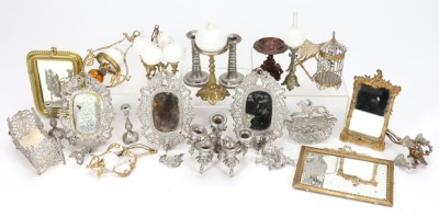 A collection of gilt and silver miniature soft metal dolls house accessories, German 180s-90s