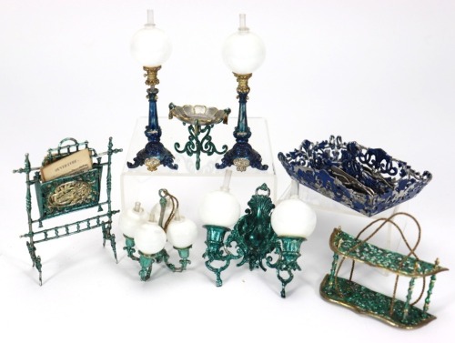 A good collection of soft metal dolls house lighting and accessories, German 1880s-90s