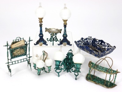 A good collection of soft metal dolls house lighting and accessories, German 1880s-90s