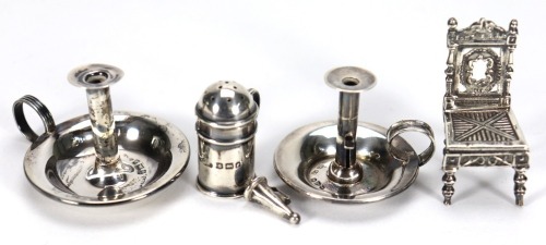 Miniature silver including Chocolate shaker and chamberstick candle holders,