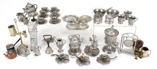Collection of miniature pewter dolls house accessories, German 1880s