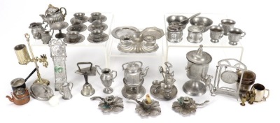 Collection of miniature pewter dolls house accessories, German 1880s