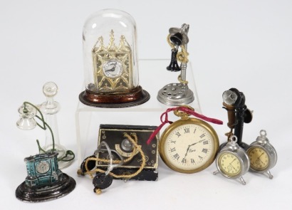 Dolls House miniature clocks and telephones, German 1880s-1900,