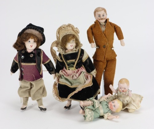 Three miniature bisque head dolls house dolls, German circa 1910