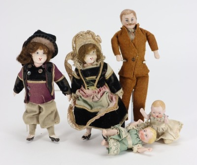 Three miniature bisque head dolls house dolls, German circa 1910