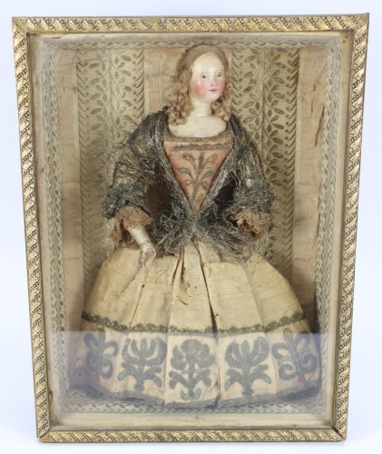 Early painted wooden shoulder head religious figure in case, southern European, nineteenth century