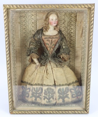 Early painted wooden shoulder head religious figure in case, southern European, nineteenth century