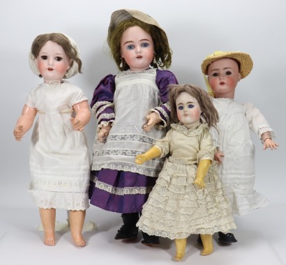 Four bisque head girl dolls, German circa 1910