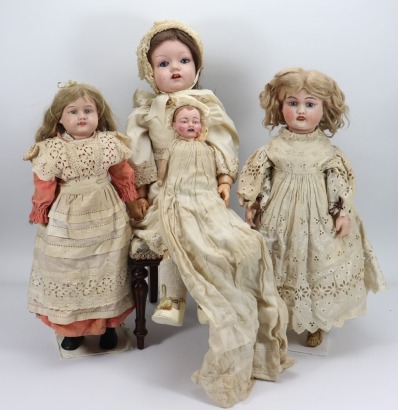 Four English bisque head dolls, 1920s