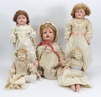 Five English bisque head dolls, 1920s