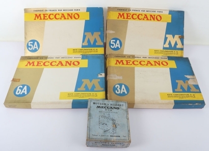 Four Boxed Sets Meccano France Paris, 3A with 452/62 catalogue, 2 x 5A sets, one set sealed both with price lists, 6A still sealed with 78/62 catalogue and price list, contents generally near mint to mint, blue vacuum plastic trays generally excellent, l