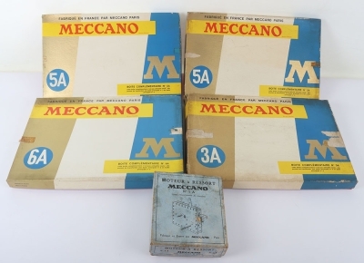 Four Boxed Sets Meccano France Paris, 3A with 452/62 catalogue, 2 x 5A sets, one set sealed both with price lists, 6A still sealed with 78/62 catalogue and price list, contents generally near mint to mint, blue vacuum plastic trays generally excellent, l