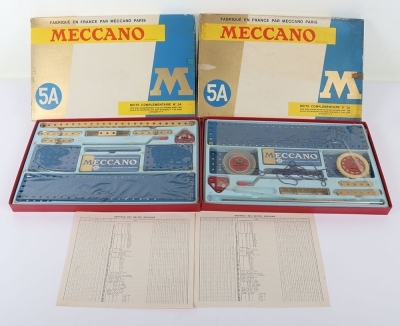 Four Boxed Sets Meccano France Paris, 3A with 452/62 catalogue, 2 x 5A sets, one set sealed both with price lists, 6A still sealed with 78/62 catalogue and price list, contents generally near mint to mint, blue vacuum plastic trays generally excellent, l - 2